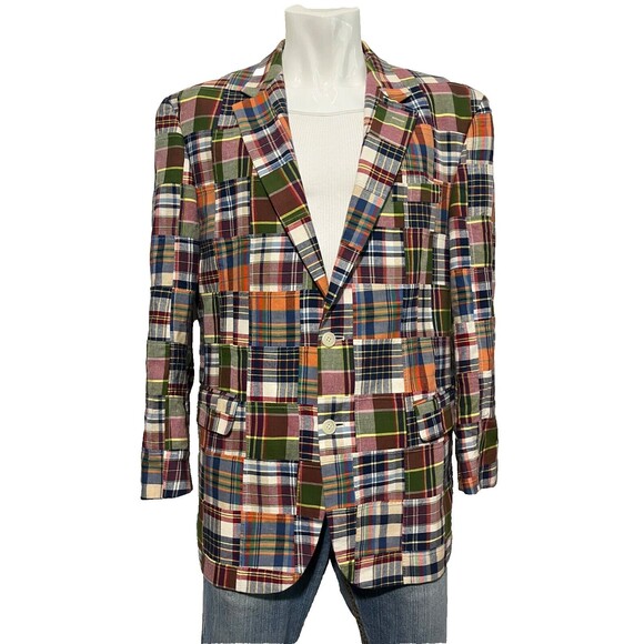 Vintage Jos A Bank Mens Cotton Madras Patchwork Plaid Sport Coat 43R - Picture 9 of 9